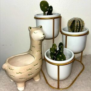 Mix Ceramic Planter Set Llama, 3-Pots w/ Gold
Metal Stand & 3 Piece Mini Cactus